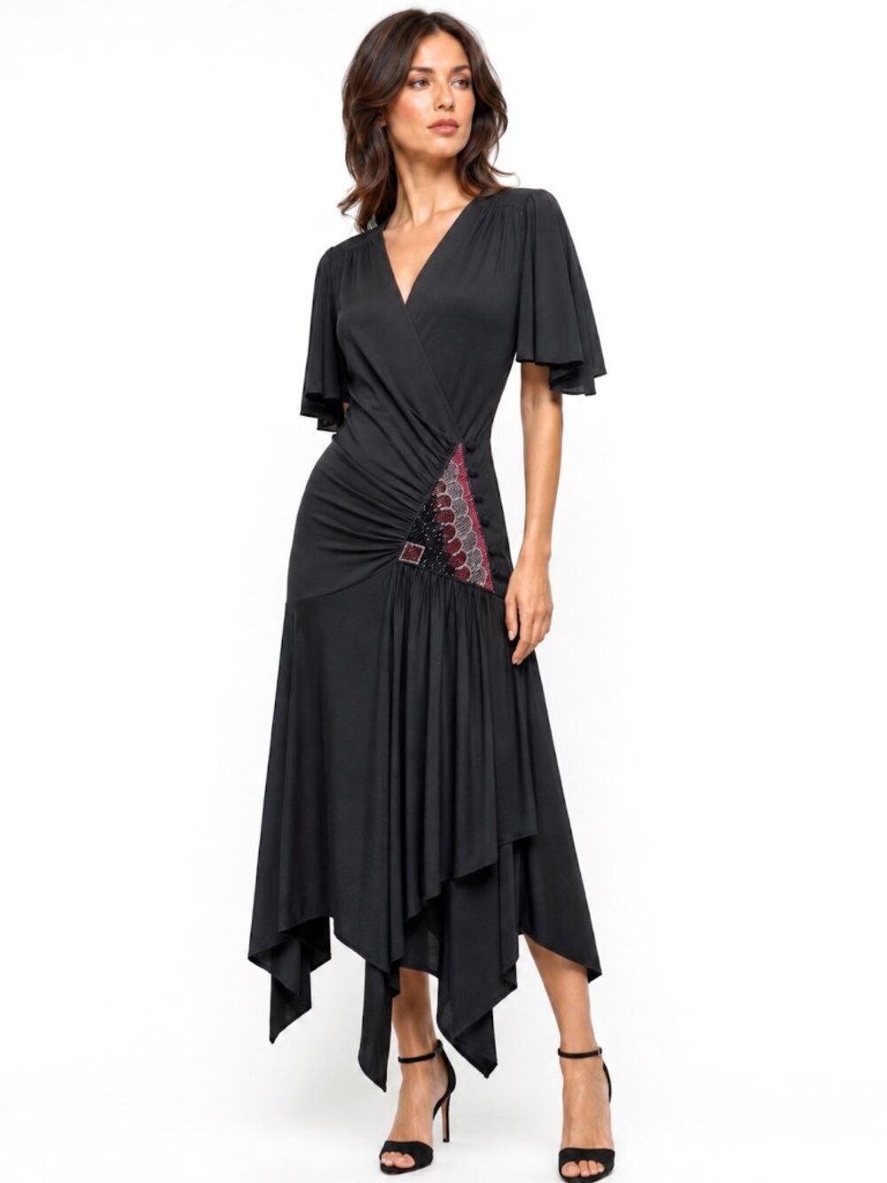 Vintage Vijack Black Beaded Wrap Dress | Nancy Bracoloni 70s 80s Scarf Hem | S